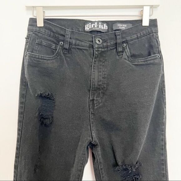 Girlish Denim High Waist Distressed Stretch Flare Leg Jeans Faded Black Size 29 - Picture 2 of 8
